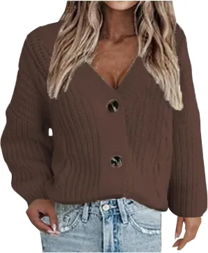 Womens Chunky Knit Cardigan Sweaters V Neck Button Down Casual Long Sleeve Solid Outwear Open Front Cardigan Knitwear