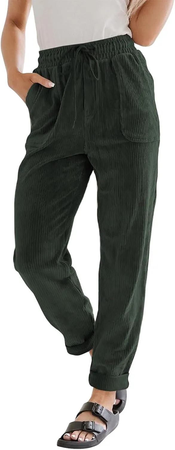 Women's Corduroy Pants Baggy Drawstring Elastic High Waist Trousers Casual Loose Fit Straight Leg Pants with Pockets