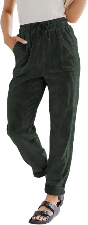 Women's Corduroy Pants Baggy Drawstring Elastic High Waist Trousers Casual Loose Fit Straight Leg Pants with Pockets