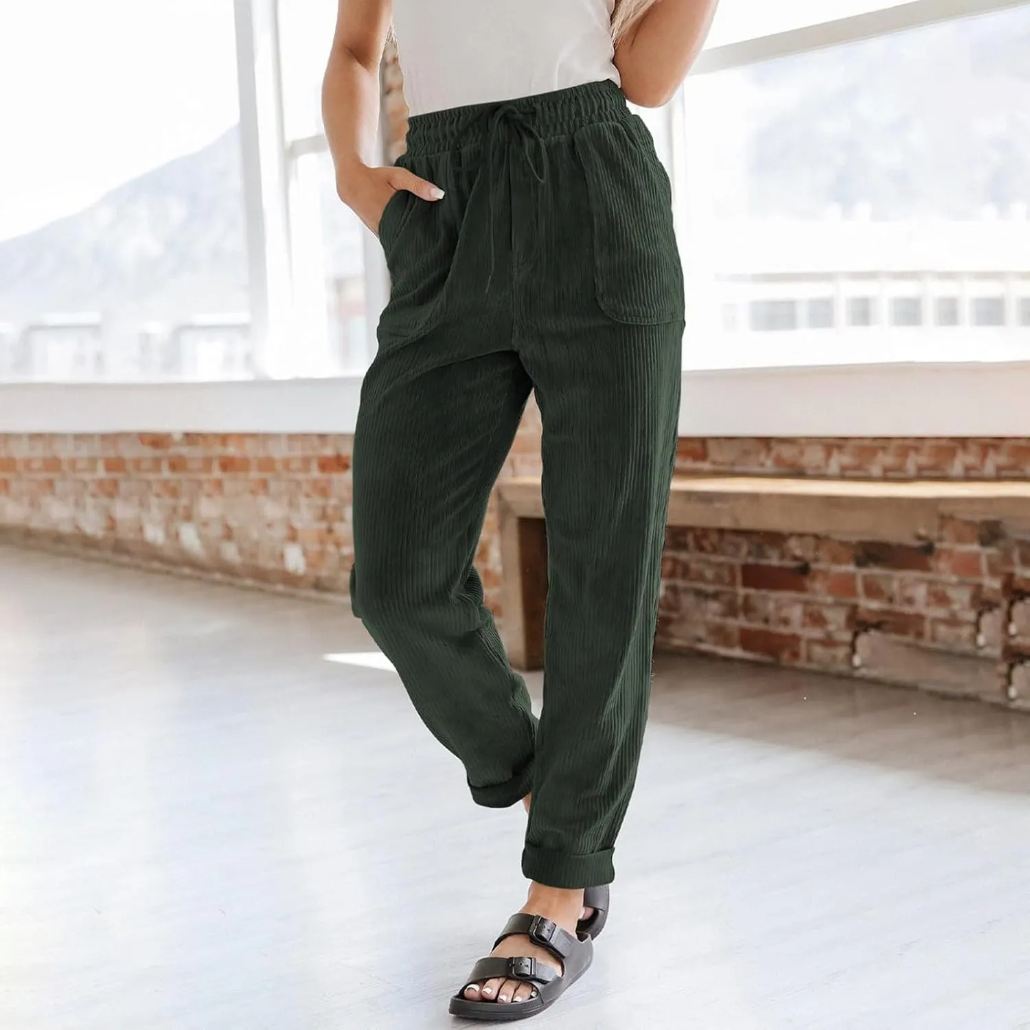 Women's Corduroy Pants Baggy Drawstring Elastic High Waist Trousers Casual Loose Fit Straight Leg Pants with Pockets