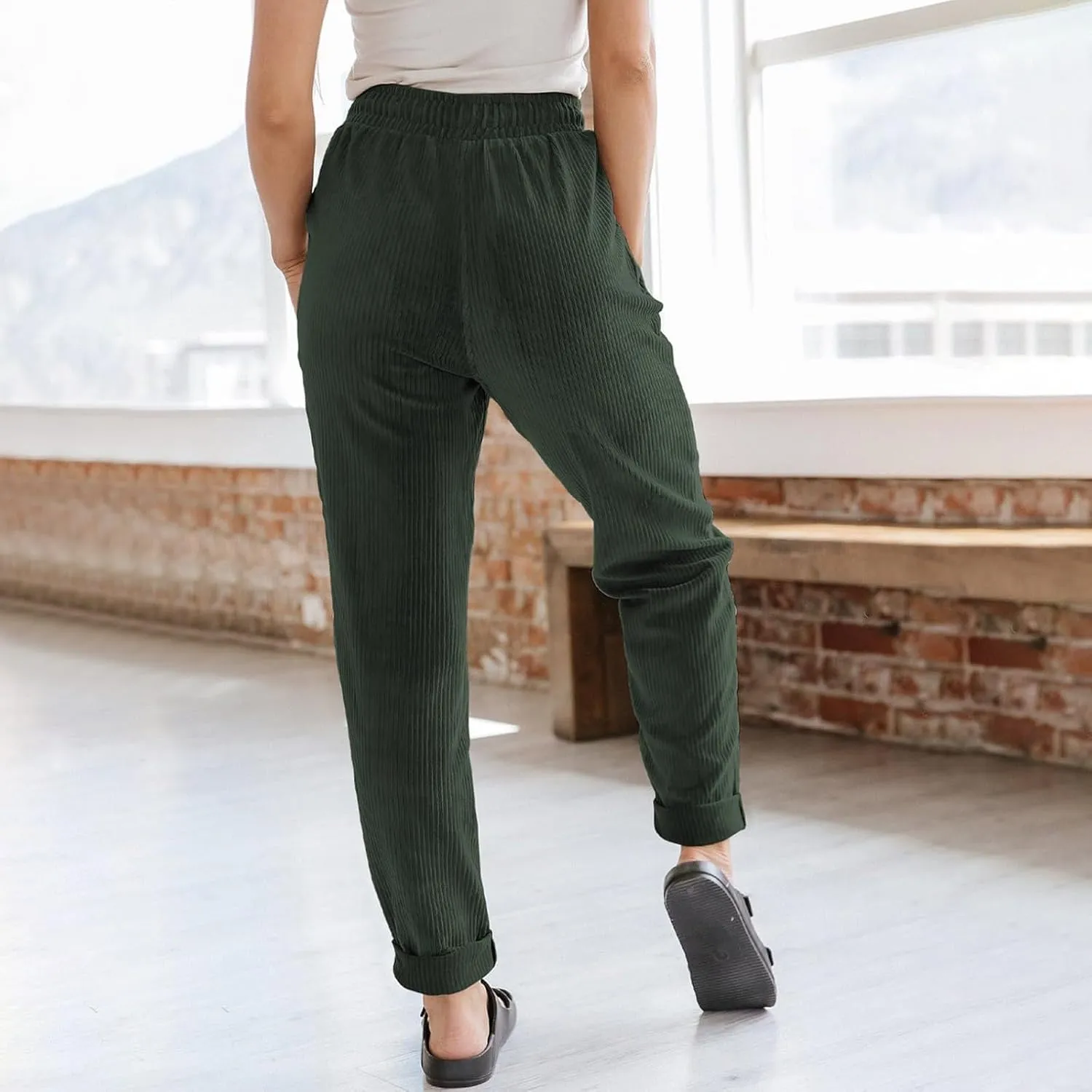 Women's Corduroy Pants Baggy Drawstring Elastic High Waist Trousers Casual Loose Fit Straight Leg Pants with Pockets
