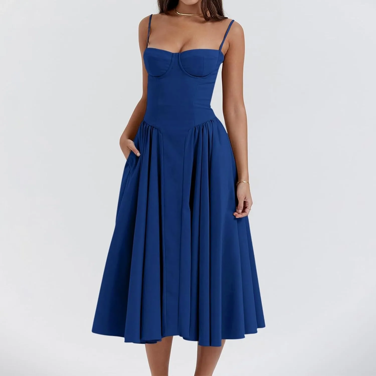 Womens Corset Dress Sexy Thigh Spaghetti Strap Bustier Elegant Midi Low Cut Formal Boho Dresses with Pockets