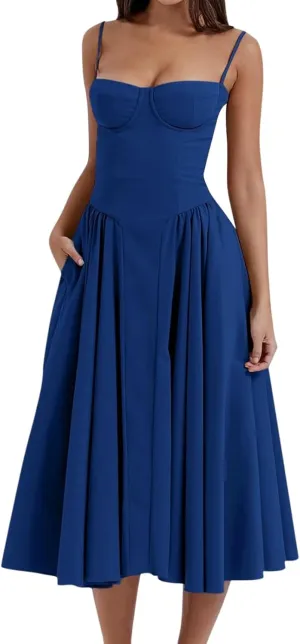 Womens Corset Dress Sexy Thigh Spaghetti Strap Bustier Elegant Midi Low Cut Formal Boho Dresses with Pockets