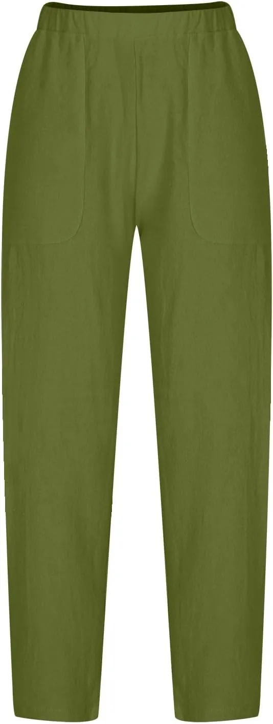 Womens Cotton Linen Harem Pants Lounge Elastic High Waist Trousers Summer Relaxed Fit Pant Solid Comfy Pockets Pants