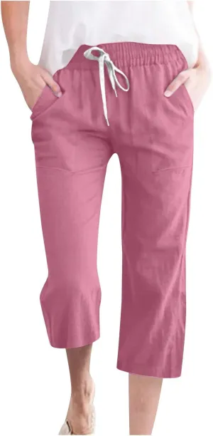 Womens Cotton Linen Pants Straight Leg Capris with Pockets 2025 Summer Pants Casual Lounge Loose Fit Soft Trousers