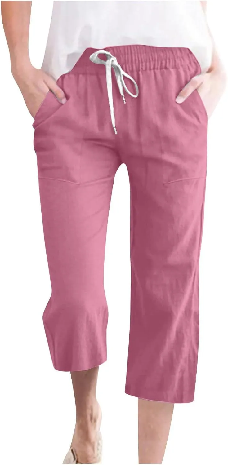 Womens Cotton Linen Pants Straight Leg Capris with Pockets 2025 Summer Pants Casual Lounge Loose Fit Soft Trousers