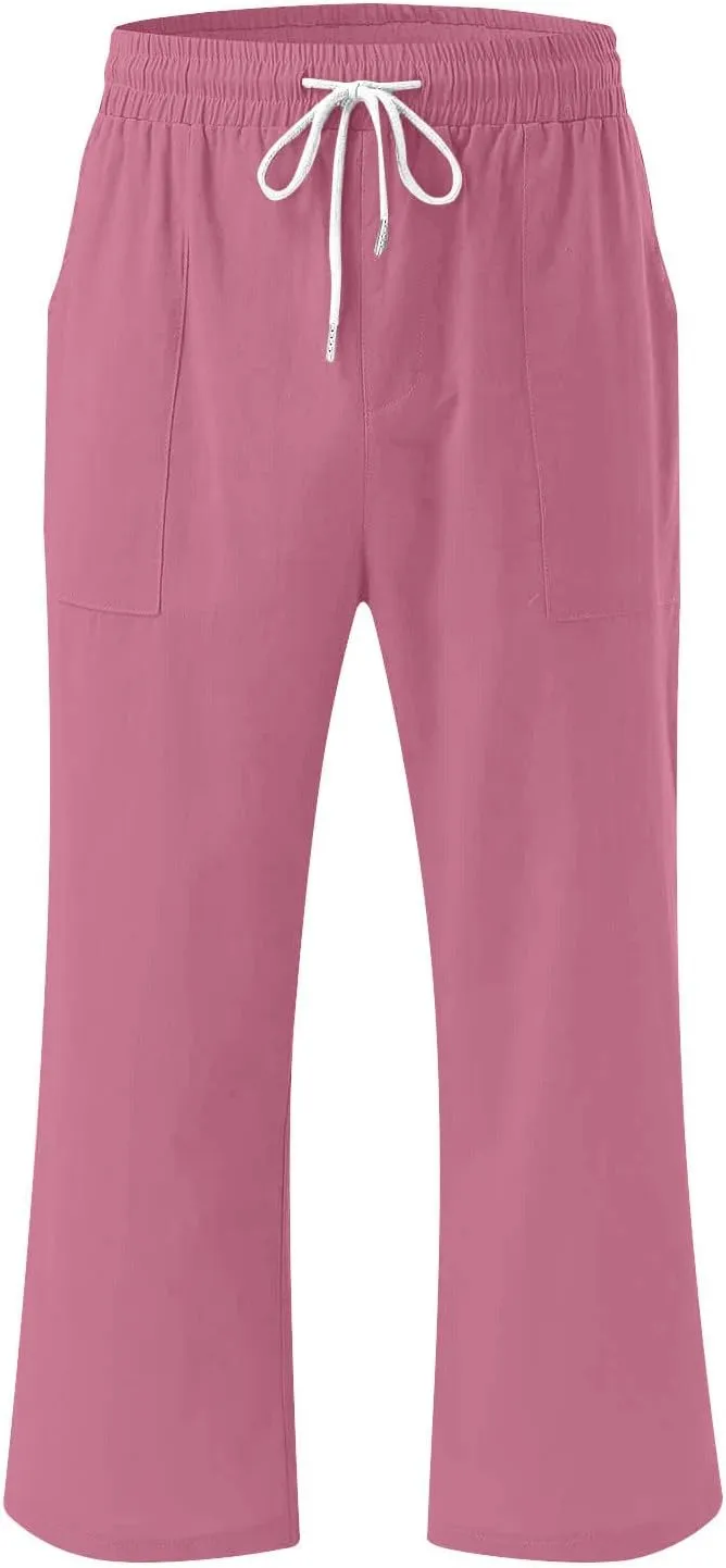 Womens Cotton Linen Pants Straight Leg Capris with Pockets 2025 Summer Pants Casual Lounge Loose Fit Soft Trousers