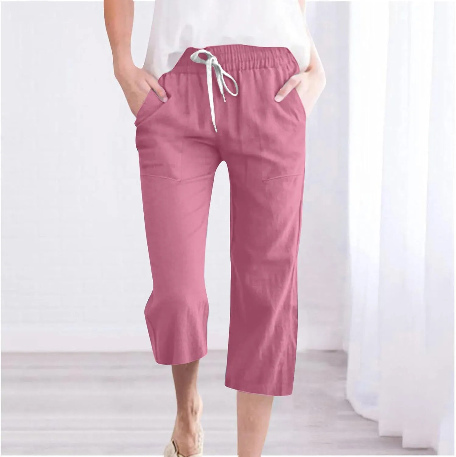 Womens Cotton Linen Pants Straight Leg Capris with Pockets 2025 Summer Pants Casual Lounge Loose Fit Soft Trousers