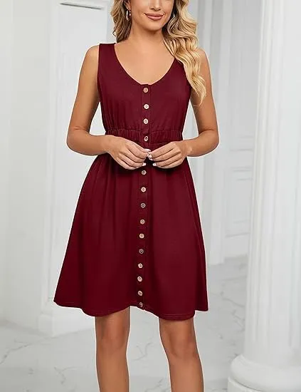 Women's Crew Neck Sleeveless Front Button Waisted Dress Flowy Tunic A Line Dresses Beach Sundress with Pockets