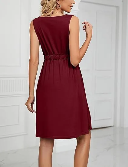 Women's Crew Neck Sleeveless Front Button Waisted Dress Flowy Tunic A Line Dresses Beach Sundress with Pockets