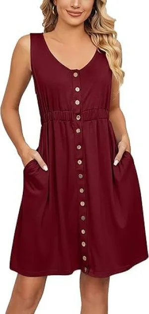 Women's Crew Neck Sleeveless Front Button Waisted Dress Flowy Tunic A Line Dresses Beach Sundress with Pockets