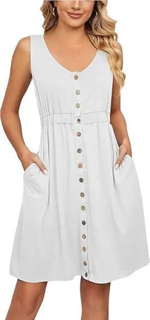 Women's Crew Neck Sleeveless Front Button Waisted Dress Flowy Tunic A Line Dresses Beach Sundress with Pockets