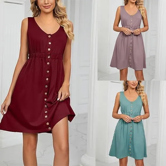 Women's Crew Neck Sleeveless Front Button Waisted Dress Flowy Tunic A Line Dresses Beach Sundress with Pockets
