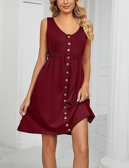 Women's Crew Neck Sleeveless Front Button Waisted Dress Flowy Tunic A Line Dresses Beach Sundress with Pockets
