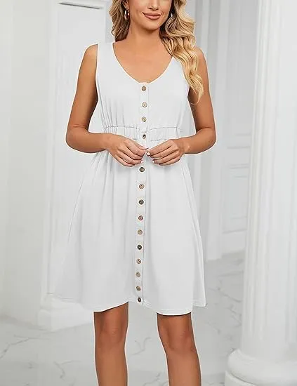 Women's Crew Neck Sleeveless Front Button Waisted Dress Flowy Tunic A Line Dresses Beach Sundress with Pockets