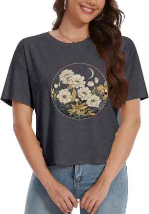 Womens Crop Top T Shirt Wildflower Graphic Tees Short Sleeve Summer Casual Loose Beach Adventure Tops