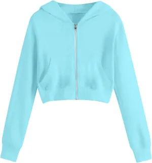 Women's Cropped Full Zipper Hoodie Casual Fleece Sweatshirts Jackets Solid Loose Fit Long Sleeve Y2K Short Outwear