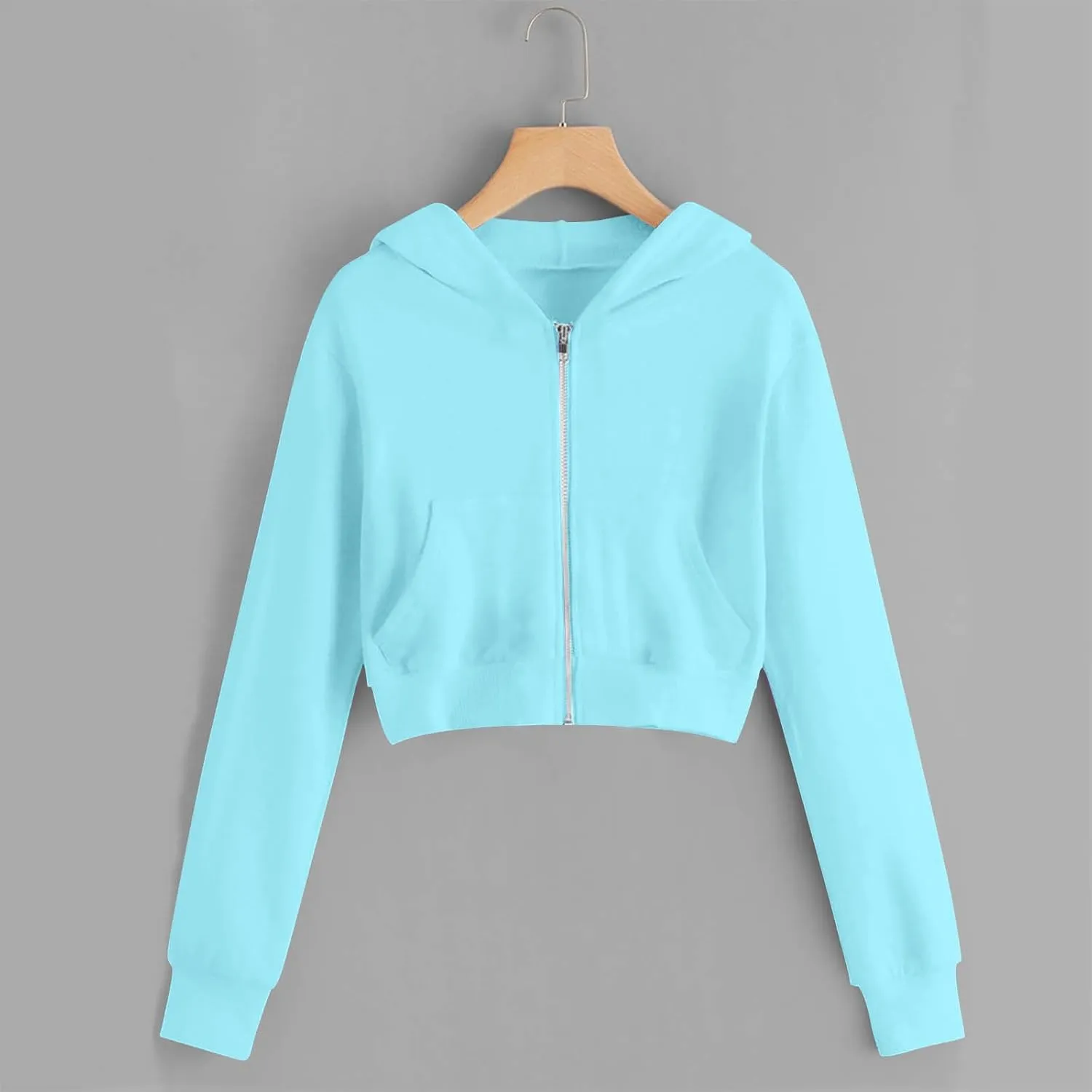 Women's Cropped Full Zipper Hoodie Casual Fleece Sweatshirts Jackets Solid Loose Fit Long Sleeve Y2K Short Outwear