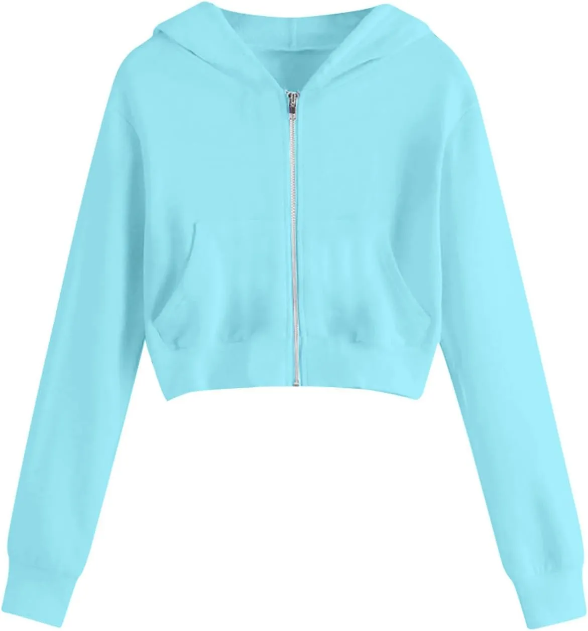 Women's Cropped Full Zipper Hoodie Casual Fleece Sweatshirts Jackets Solid Loose Fit Long Sleeve Y2K Short Outwear