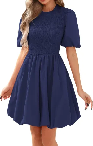 Womens Dress Puff Sleeve Smocked Mini Dresses Ruffle Crewneck Boho Casual Dress Summer Bubble A Line Dresses 2025