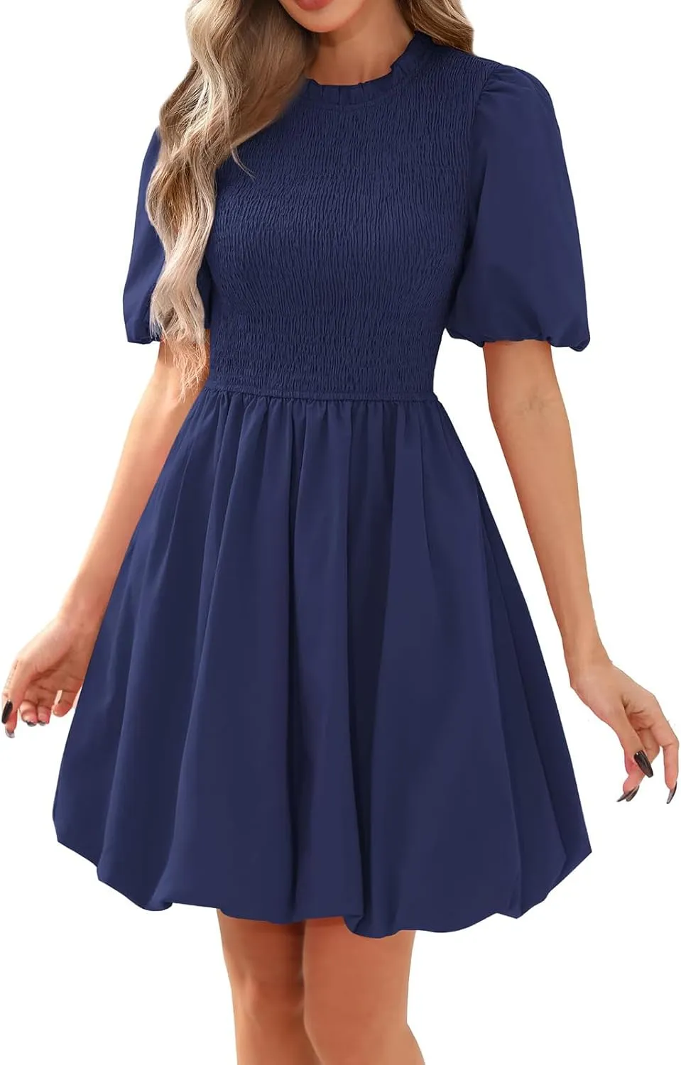 Womens Dress Puff Sleeve Smocked Mini Dresses Ruffle Crewneck Boho Casual Dress Summer Bubble A Line Dresses 2025