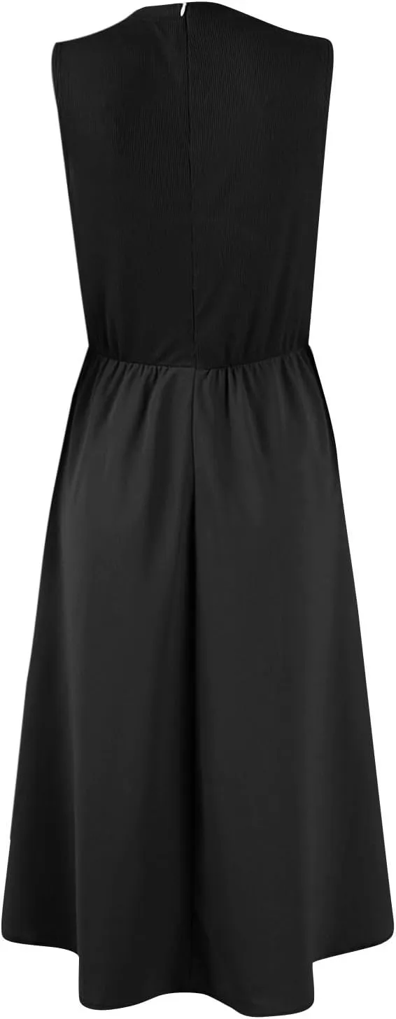 Womens Dress Summer Tank Dress Cute Sundresses High Waist Sleeveless Empire Waist Dresses A Line Dresses with Pocket