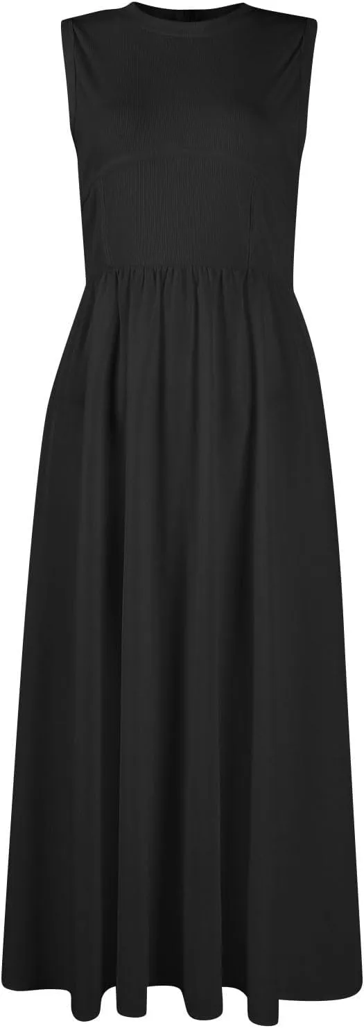 Womens Dress Summer Tank Dress Cute Sundresses High Waist Sleeveless Empire Waist Dresses A Line Dresses with Pocket
