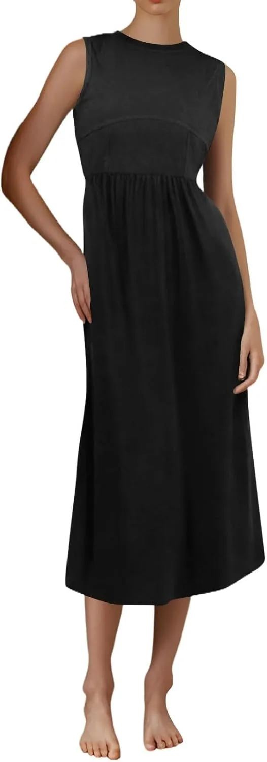 Womens Dress Summer Tank Dress Cute Sundresses High Waist Sleeveless Empire Waist Dresses A Line Dresses with Pocket