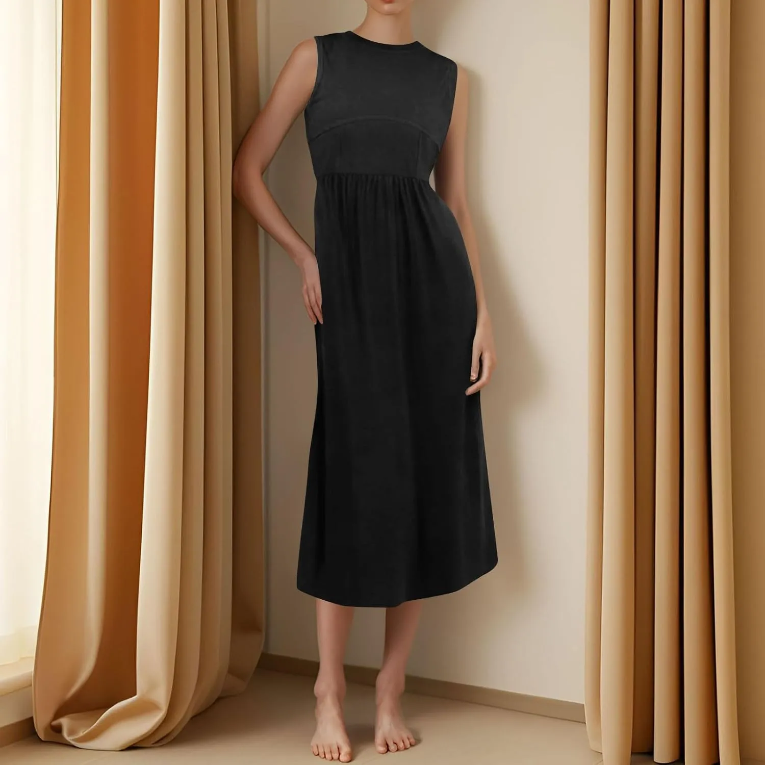 Womens Dress Summer Tank Dress Cute Sundresses High Waist Sleeveless Empire Waist Dresses A Line Dresses with Pocket