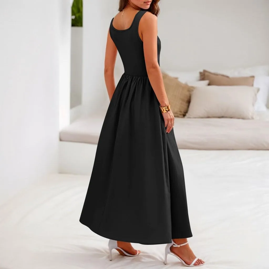 Womens Dress Summer Tank Dress Cute Sundresses High Waist Sleeveless Empire Waist Dresses A Line Dresses with Pocket