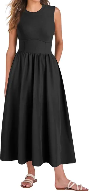 Womens Dress Summer Tank Dress Cute Sundresses High Waist Sleeveless Empire Waist Dresses A Line Dresses with Pocket