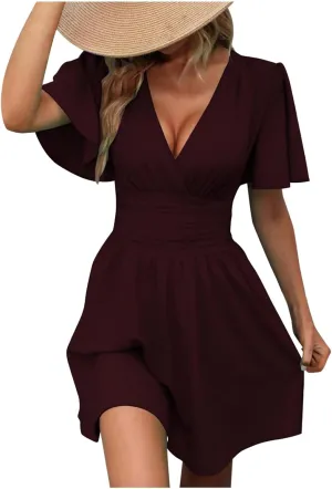 Women's Fashion Dresses High Waisted Elastic Solid Dresses Lotus Leaf Sleeve Short Sleeved Shirt Sexy Women Dress