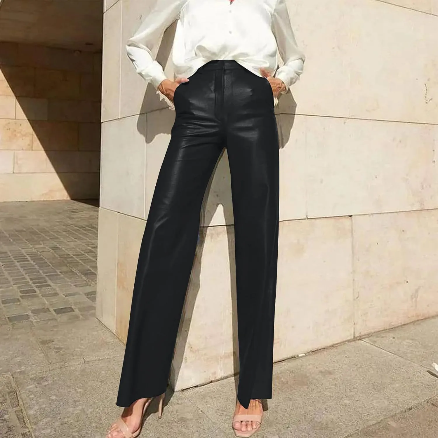 Women's Faux Leather Pants Slim High Waist Trousers Casual Straight Wide Leg Pants Butt Lifting Solid Color Trousers