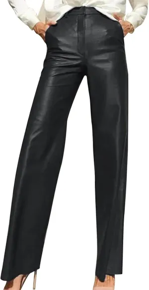 Women's Faux Leather Pants Slim High Waist Trousers Casual Straight Wide Leg Pants Butt Lifting Solid Color Trousers