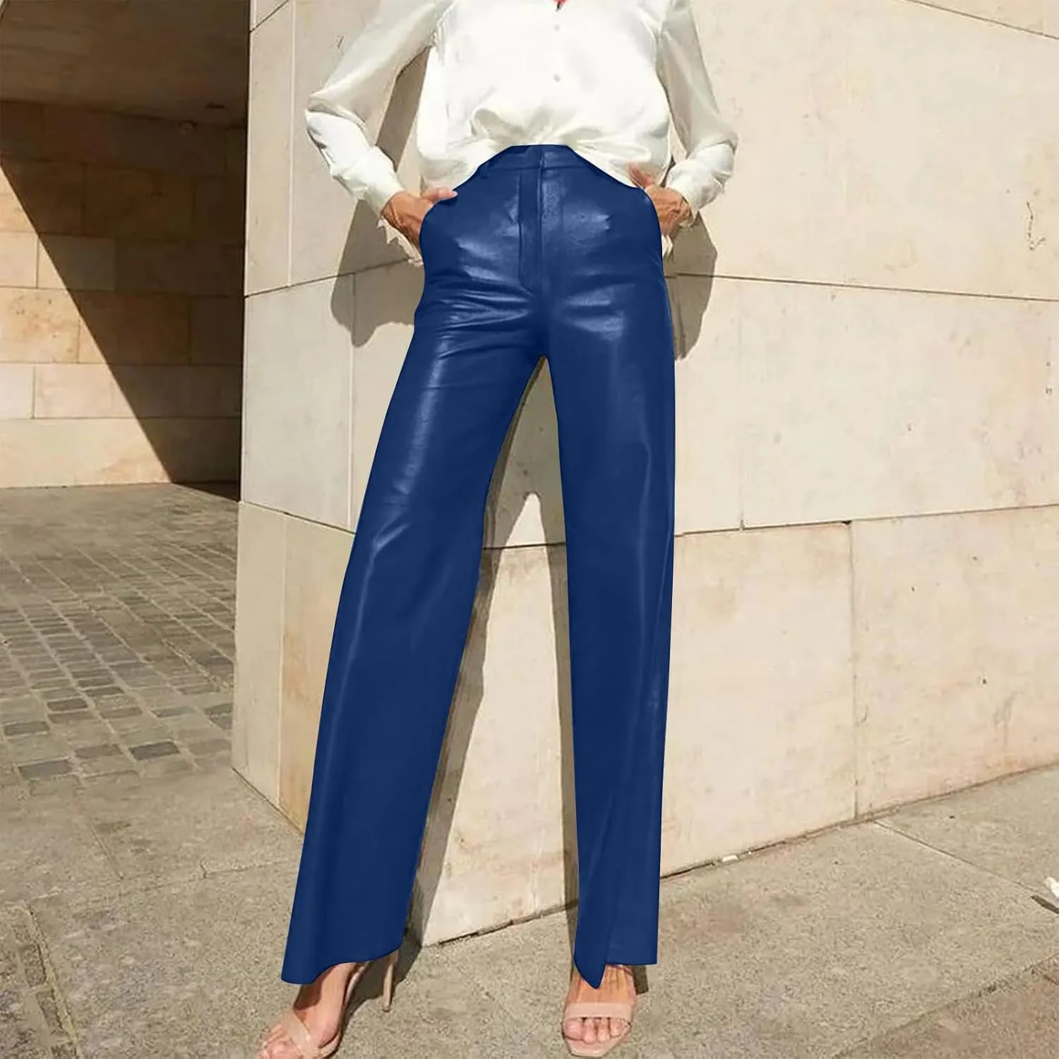 Women's Faux Leather Pants Slim High Waist Trousers Casual Straight Wide Leg Pants Butt Lifting Solid Color Trousers