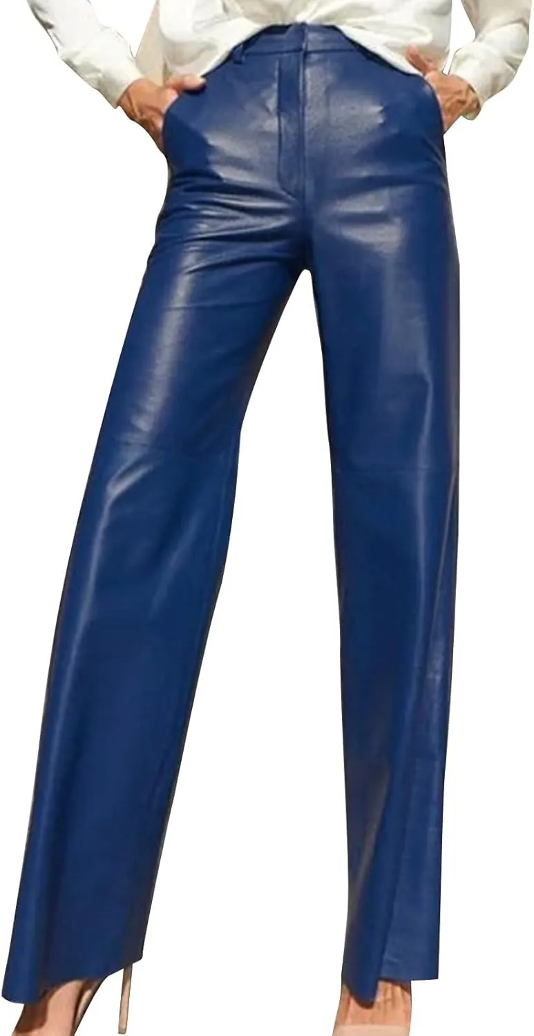 Women's Faux Leather Pants Slim High Waist Trousers Casual Straight Wide Leg Pants Butt Lifting Solid Color Trousers
