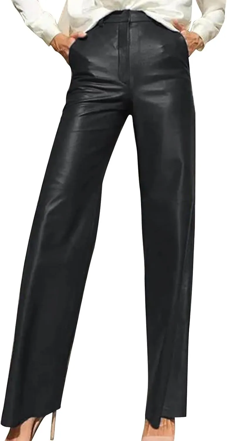 Women's Faux Leather Pants Slim High Waist Trousers Casual Straight Wide Leg Pants Butt Lifting Solid Color Trousers