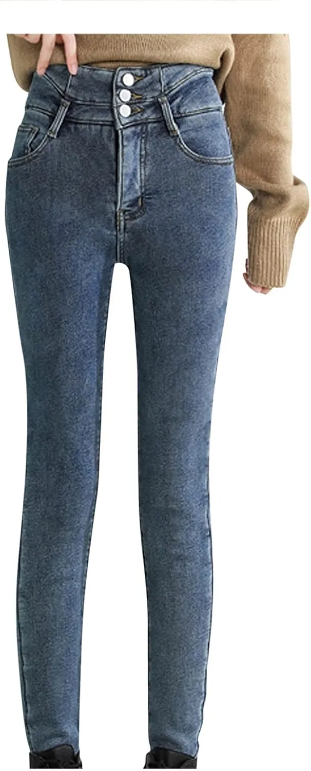 Womens Fleece Lined Jeans Straight Leg High Waisted Skinny Jean Stretchy Denim Thermal Pants Slimming Warm Winter Jeggings
