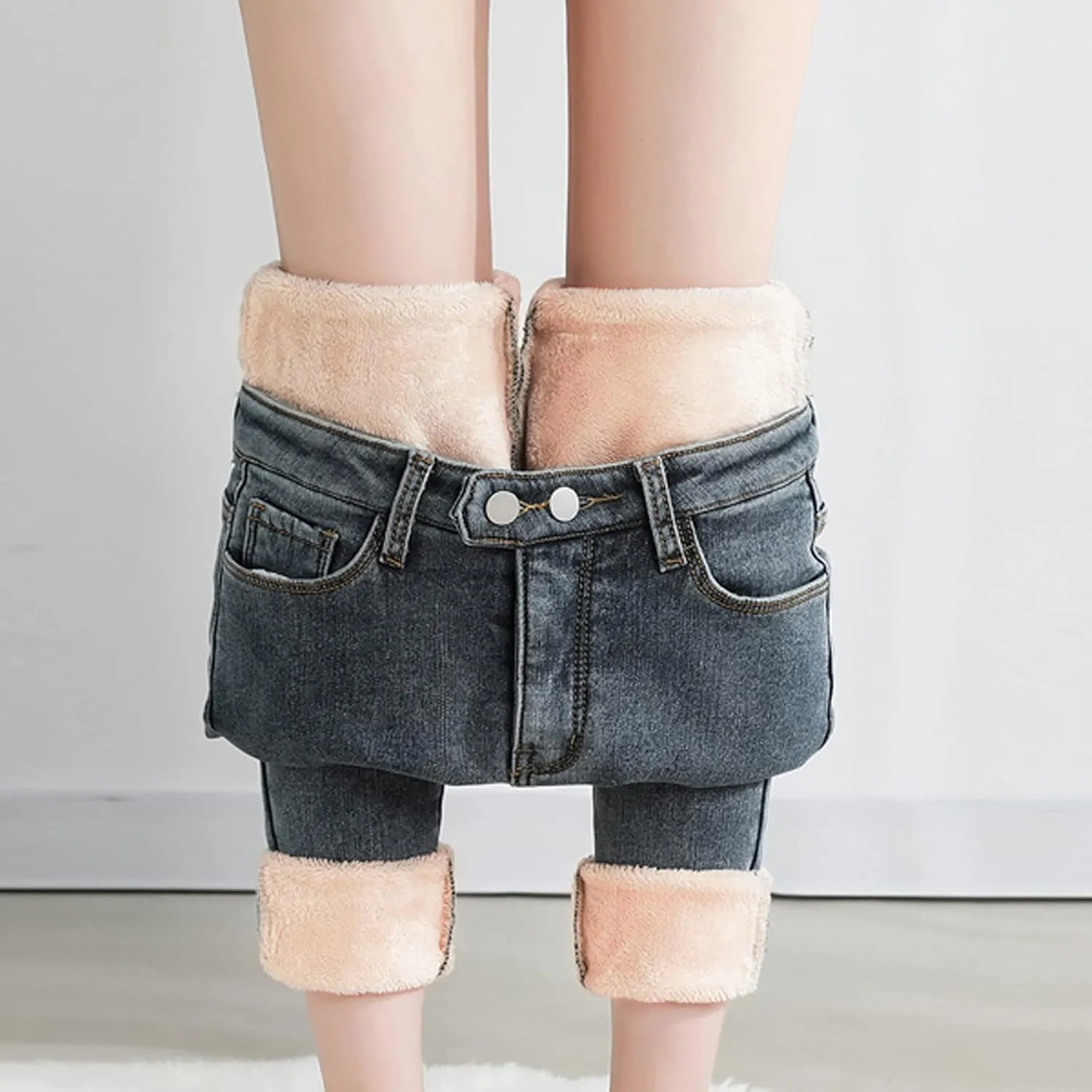 Womens Fleece Lined Jeans Straight Leg High Waisted Skinny Jean Stretchy Denim Thermal Pants Slimming Warm Winter Jeggings