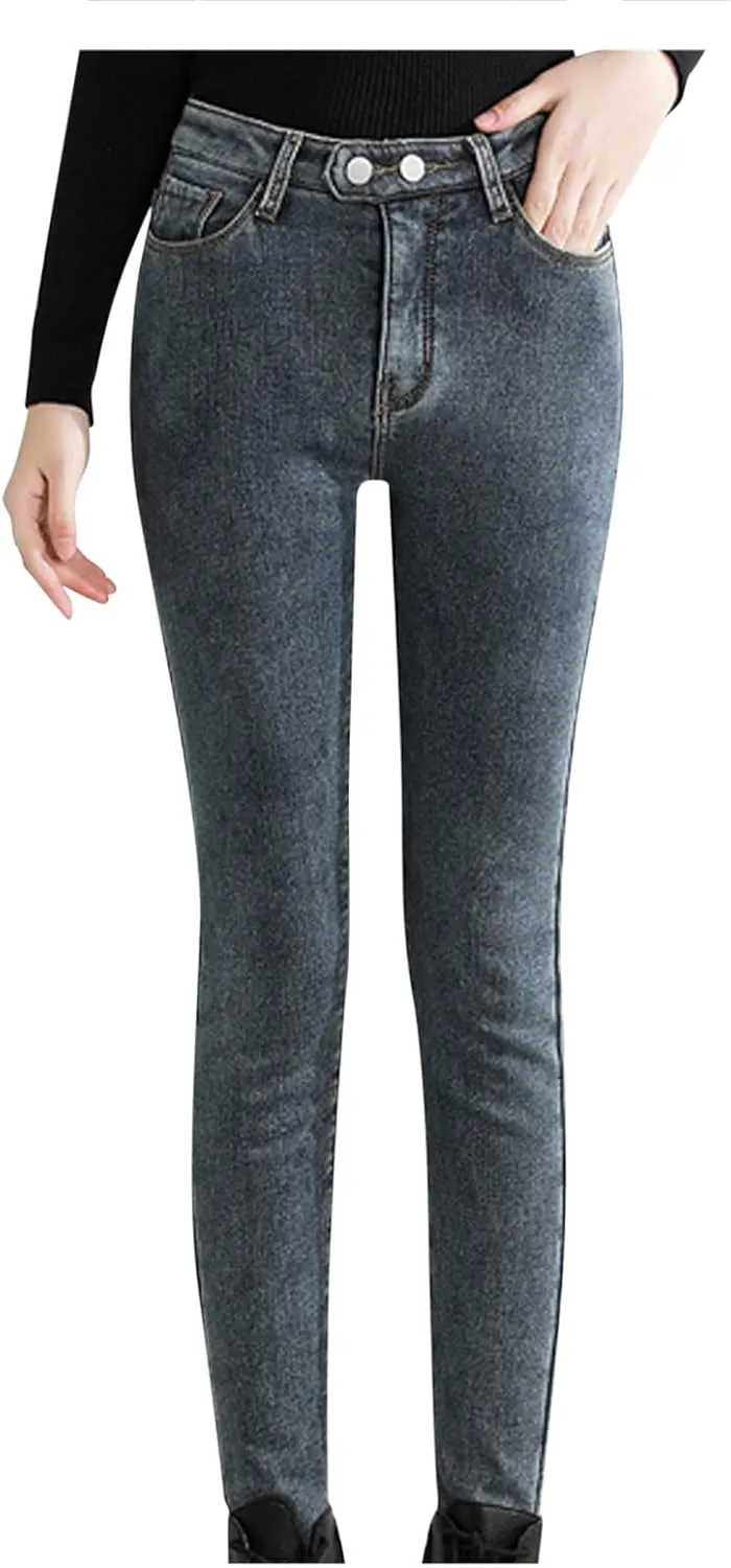 Womens Fleece Lined Jeans Straight Leg High Waisted Skinny Jean Stretchy Denim Thermal Pants Slimming Warm Winter Jeggings