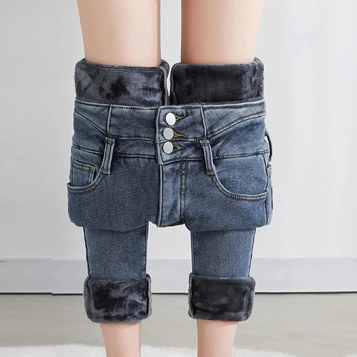 Womens Fleece Lined Jeans Straight Leg High Waisted Skinny Jean Stretchy Denim Thermal Pants Slimming Warm Winter Jeggings