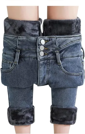 Womens Fleece Lined Jeans Straight Leg High Waisted Skinny Jean Stretchy Denim Thermal Pants Slimming Warm Winter Jeggings