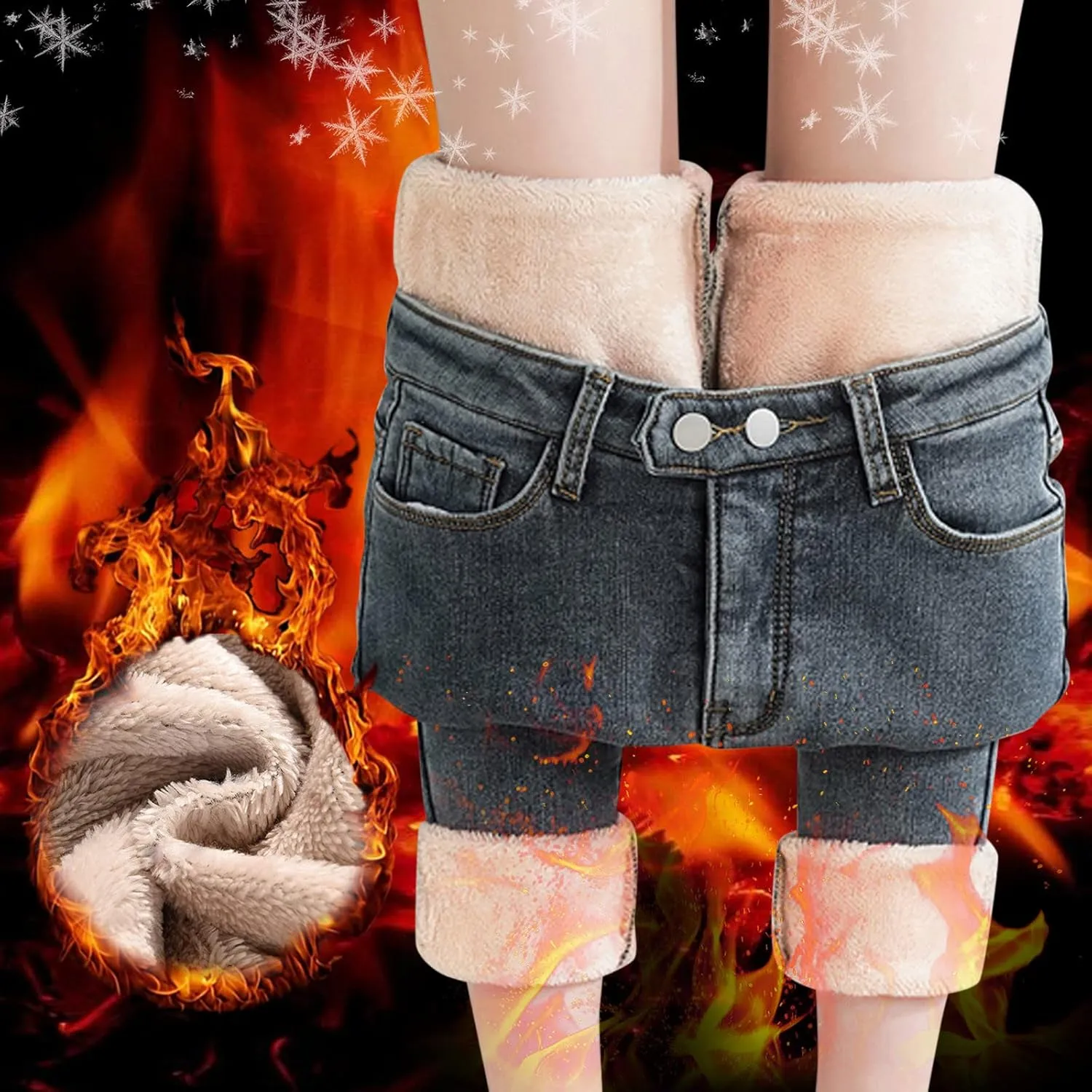 Womens Fleece Lined Jeans Straight Leg High Waisted Skinny Jean Stretchy Denim Thermal Pants Slimming Warm Winter Jeggings