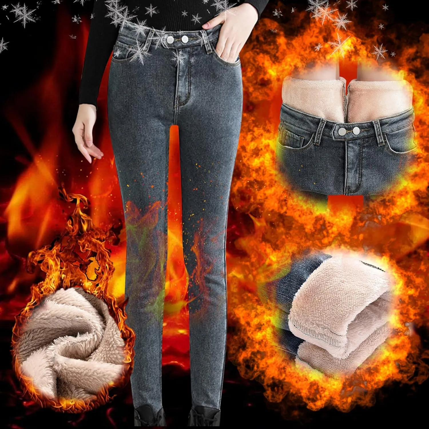 Womens Fleece Lined Jeans Straight Leg High Waisted Skinny Jean Stretchy Denim Thermal Pants Slimming Warm Winter Jeggings