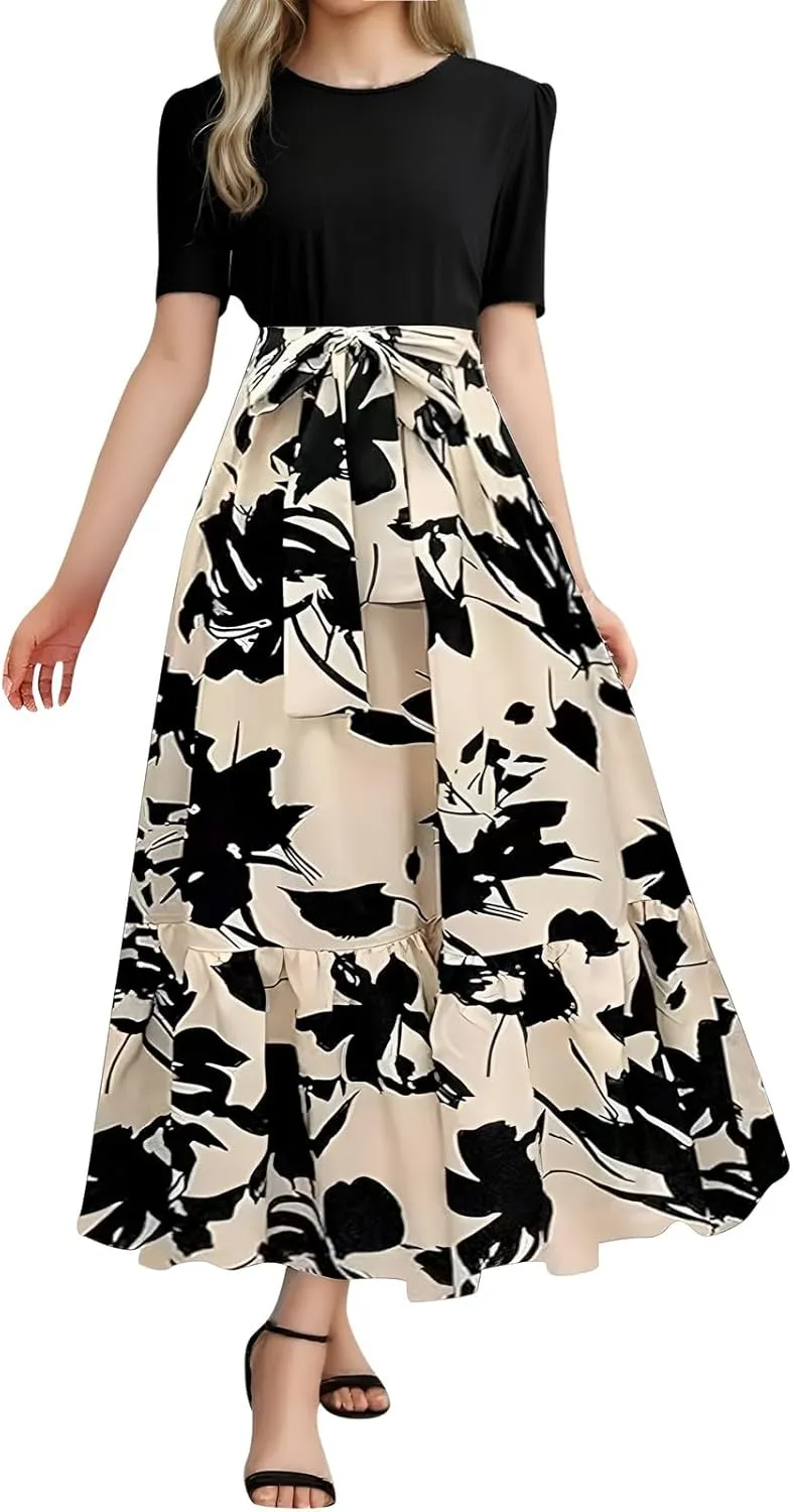 Womens Floral Maxi Dress 2025 Summer Crewneck Short Sleeve Ruffle Hem Flowy Dress Print Patchwork A Line Dresses