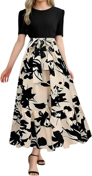 Womens Floral Maxi Dress 2025 Summer Crewneck Short Sleeve Ruffle Hem Flowy Dress Print Patchwork A Line Dresses