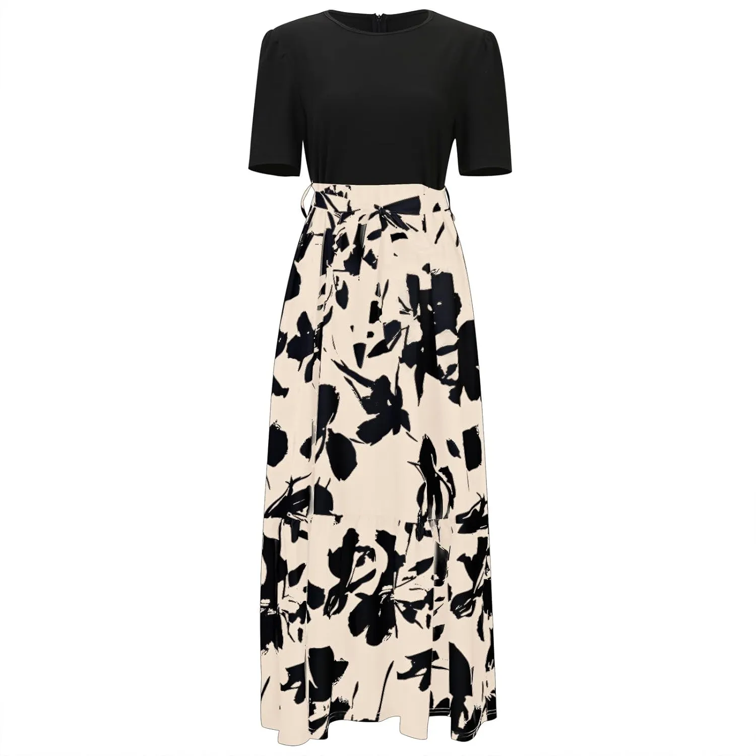 Womens Floral Maxi Dress 2025 Summer Crewneck Short Sleeve Ruffle Hem Flowy Dress Print Patchwork A Line Dresses