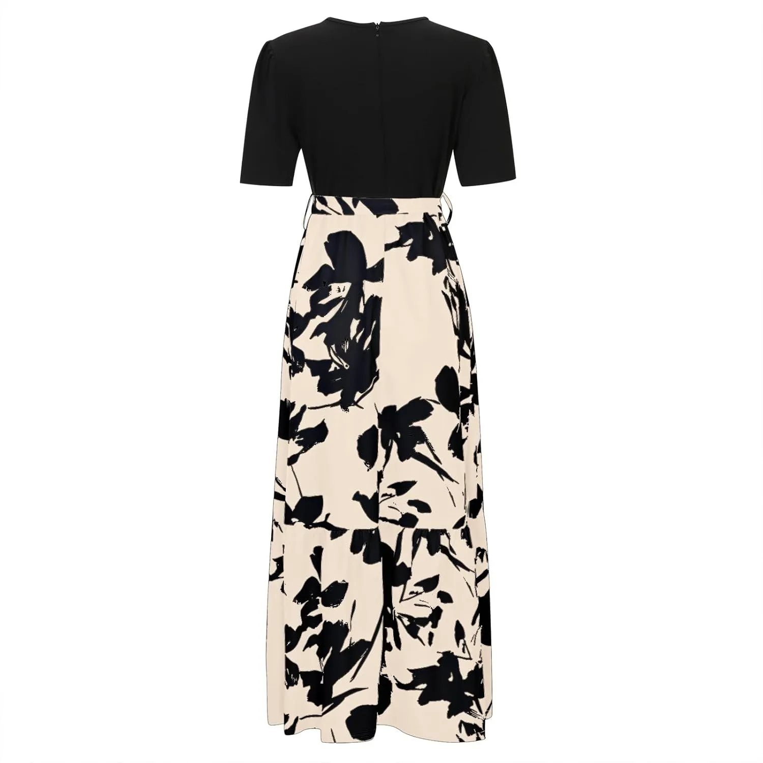 Womens Floral Maxi Dress 2025 Summer Crewneck Short Sleeve Ruffle Hem Flowy Dress Print Patchwork A Line Dresses