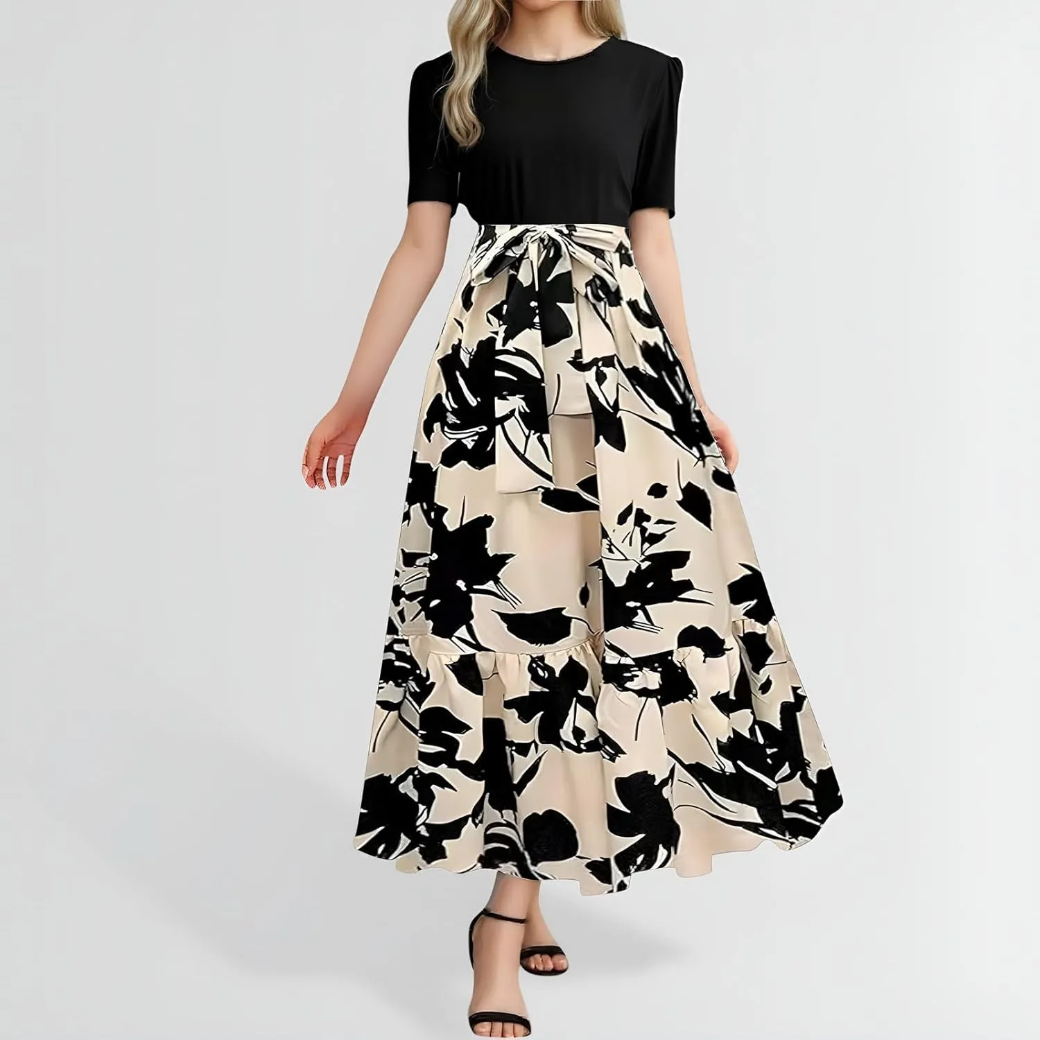 Womens Floral Maxi Dress 2025 Summer Crewneck Short Sleeve Ruffle Hem Flowy Dress Print Patchwork A Line Dresses
