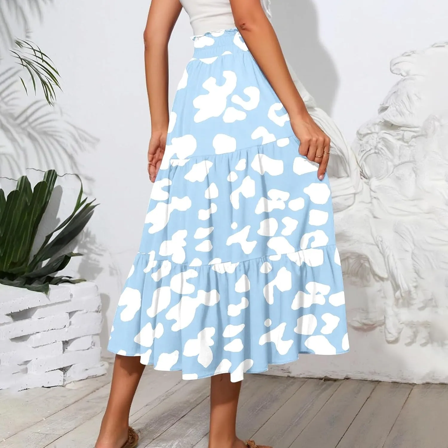 Women's Flowy Midi Skirt Pleated High Stretch Waisted Casual Boho Long Skirts with Pockets, S-2XL